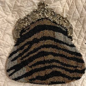 Vintage silk beaded evening clutch India Cupid embellishments on handle